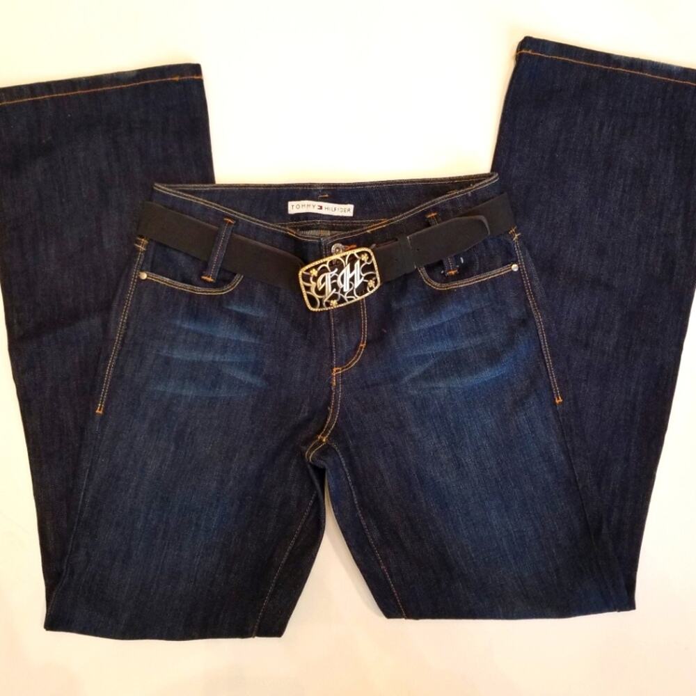 Tommy Hilfiger Belted Dark Rinse Jeans Crystal Logo Belt Lightweight Womens Sz 4